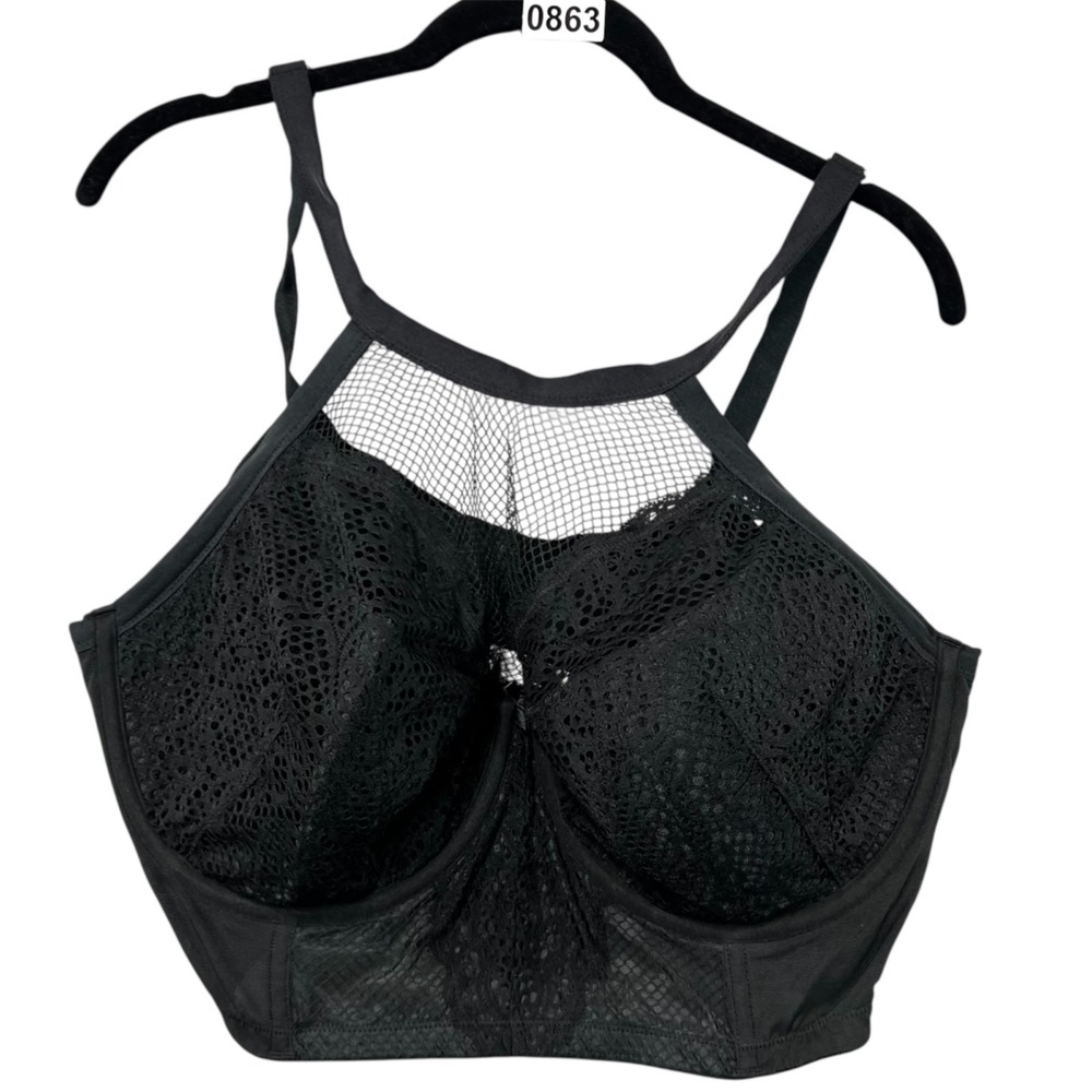 Cacique Bra 42DDD Lightly Lined French Balconette Black‎ Underwire Mesh Romantic